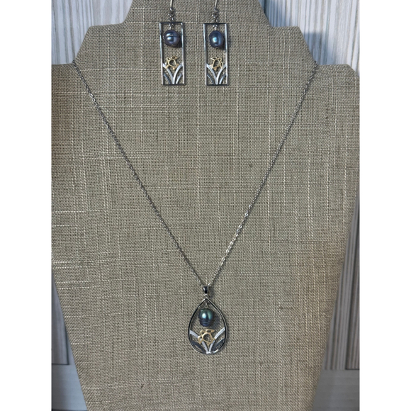 Tropical Sunrise Jewelry - Turtles and black pearl earrings necklace set 2 tone